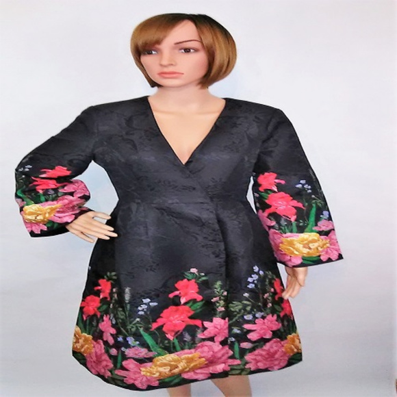 Black Floral Swing Tea Cocktail Evening Dress - Picture 2 of 7